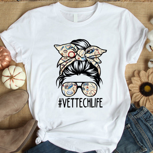 Vet Tech Shirt |  Veterinarian Technician Tshirt | Vet Tech Gift | Gifts for Vet tech |  Vet Tech Life Messy Bun Dog Cat Lover Shirt