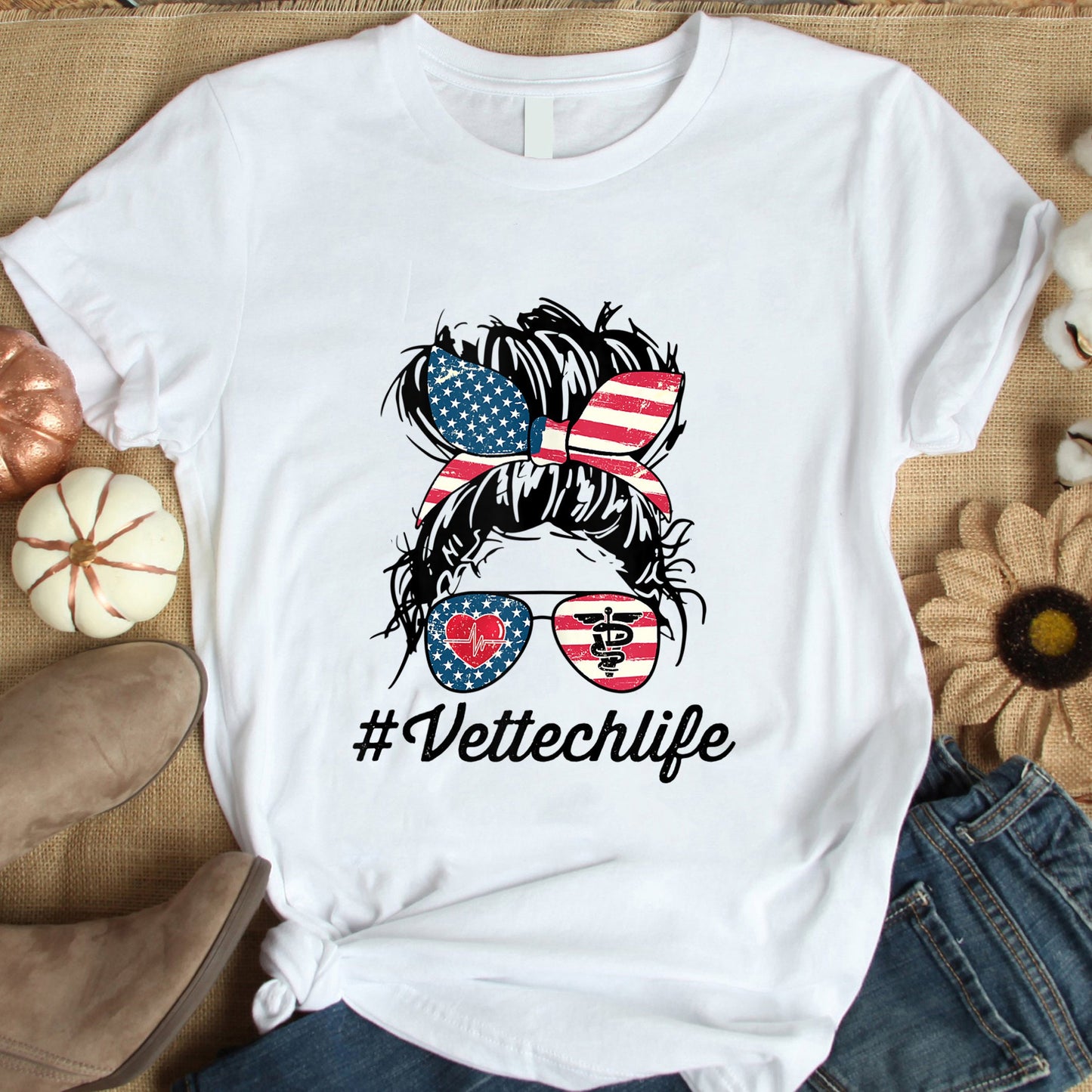 Vet Tech Shirt |  Veterinarian Technician Tshirt | Vet Tech Gift | Gifts for Vet tech | Women Vet Tech Life Messy Bun American US Flag Shirt
